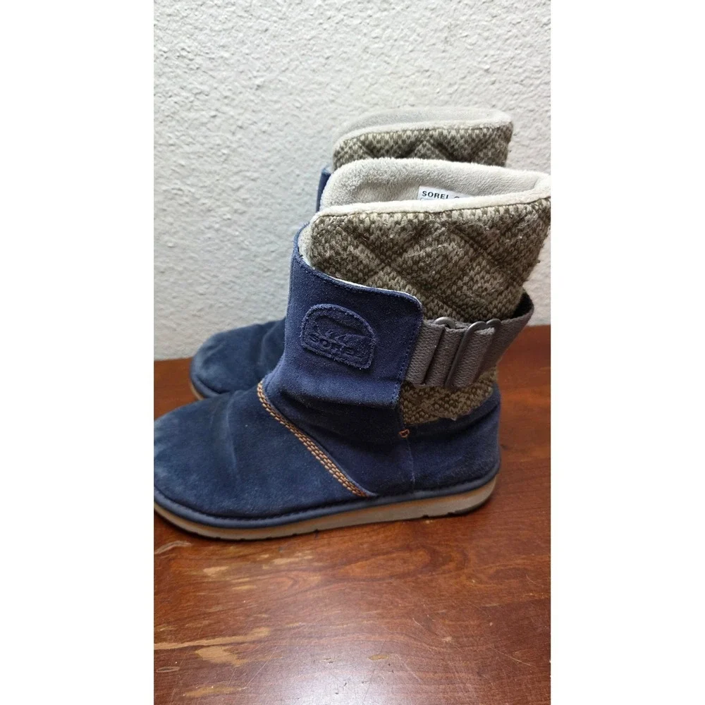 Sorel Nakiska Boots Womens 7.5 Blue Suede Knit‎ Quilted Winter NL2070-464